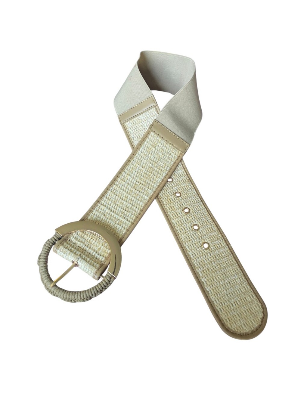 Nwt Cream Woven Waist Belt with Round Buckle Stretch Panel